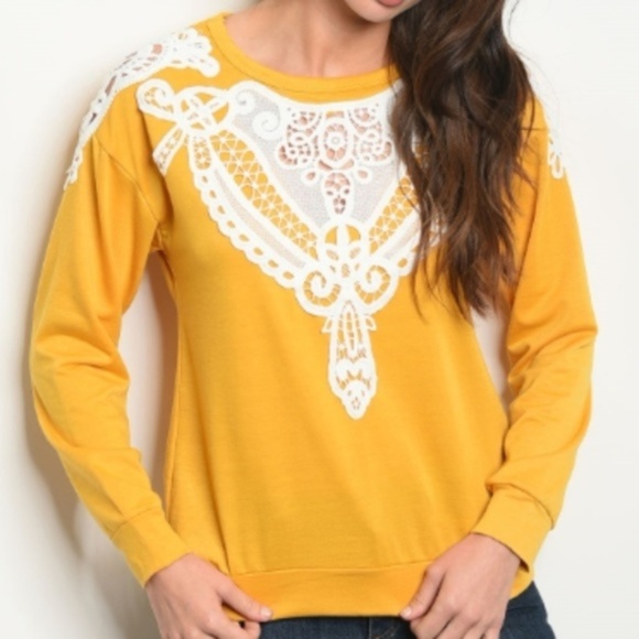 C.C. Boutique Tops - NWT Boho Mustard Gold Lace Lightweight Sweatshirt